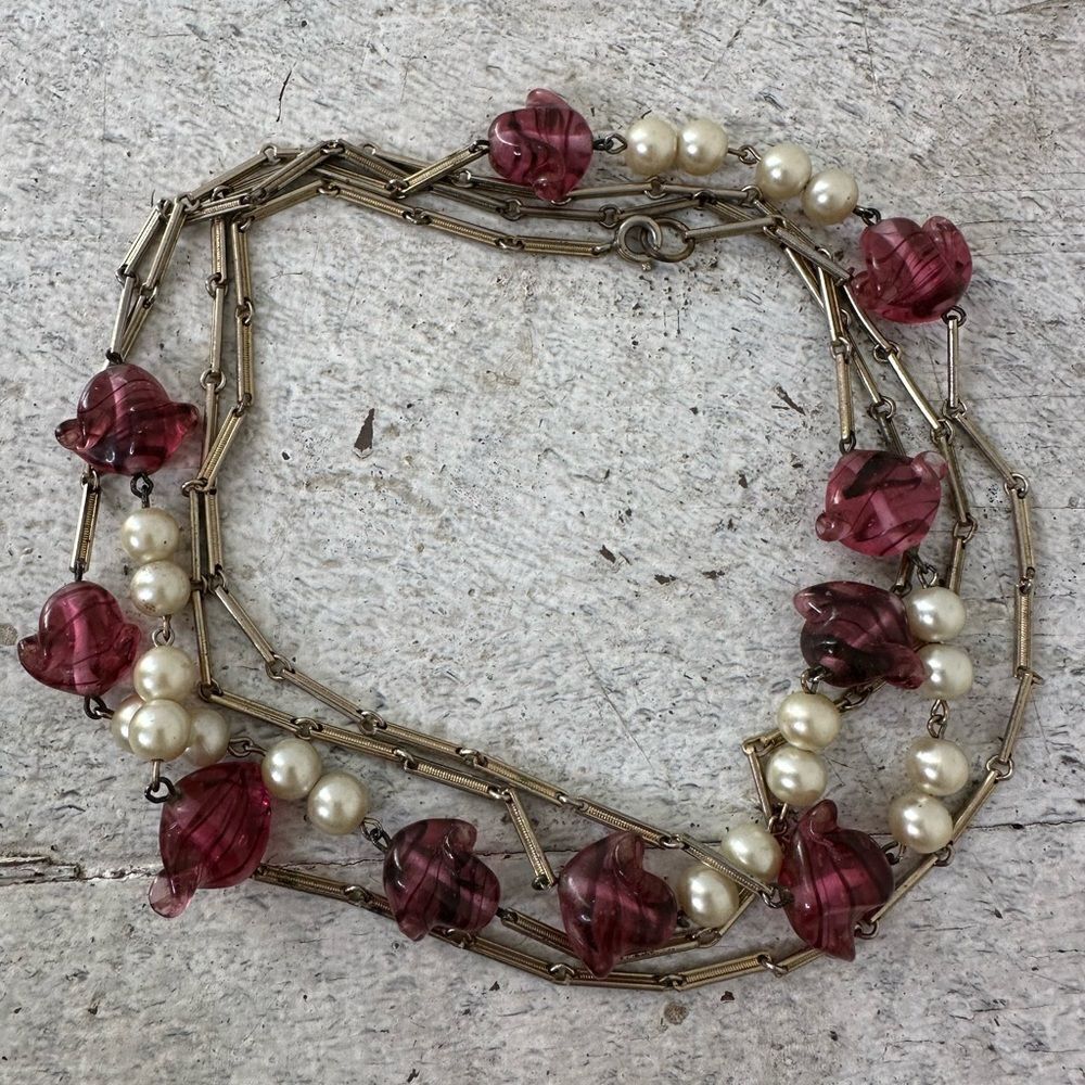 Vintage 28” Murano Glass And Faux Pearl Infinity Necklace